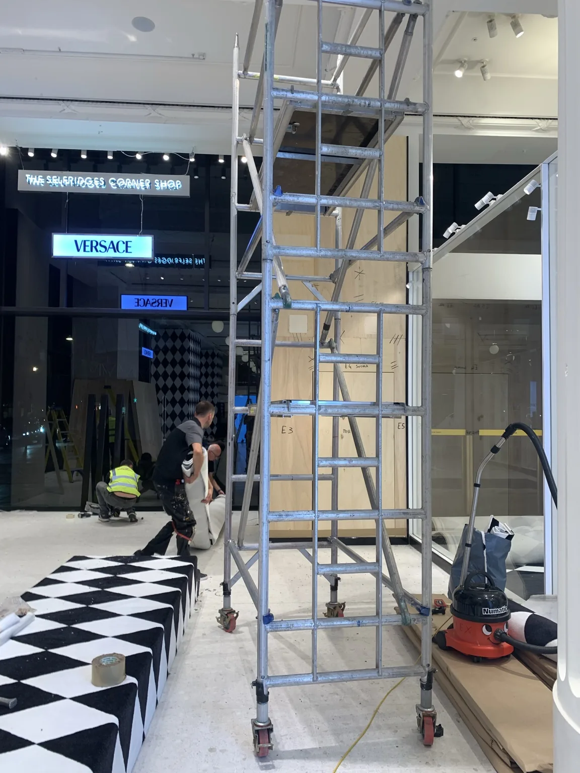 Temporary access tower during Versace installation